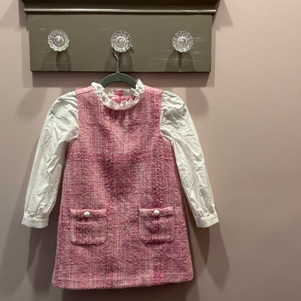 Janie and Jack Pink Tweed Dress w/ White  Sleeves & Faux Pearl Accents - Size 3T